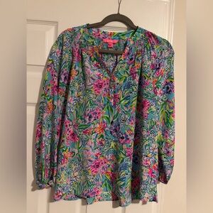 Lilly Pulitzer Elsa Silk Top Blouse in Amalfi Blue Alligator Isle Extra Small